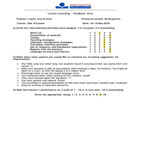 2018 - TPD - Kindergarten Level Practicum -  Planilla de Video 1 - Eccheri