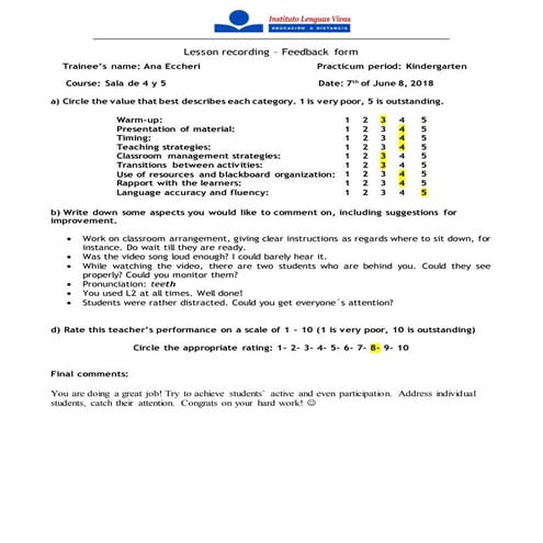 2018 - TPD- Kindergarten Level Practicum -  Planilla de Video 2 - Eccheri