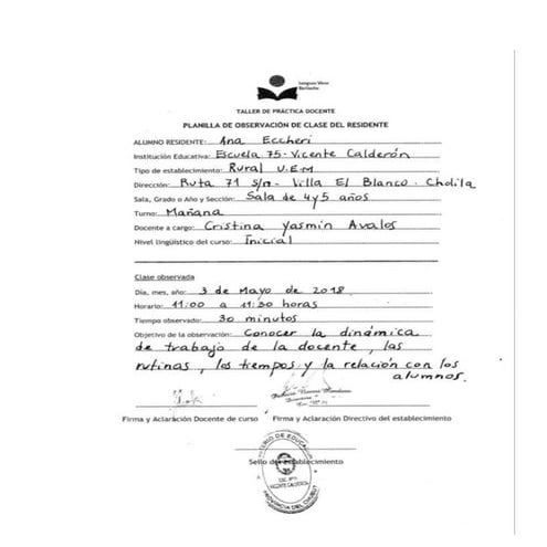 2018 - TPD - Kindergarten Practicum - Planilla de Observación de Clase del Residente - Eccheri
