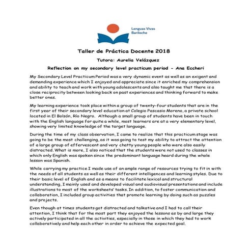 2018 - TPD- Reflection - Secondary Level Practicum Period - Eccheri