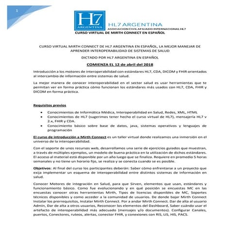 Programa del curso virtual mirth connect Abril 2018
