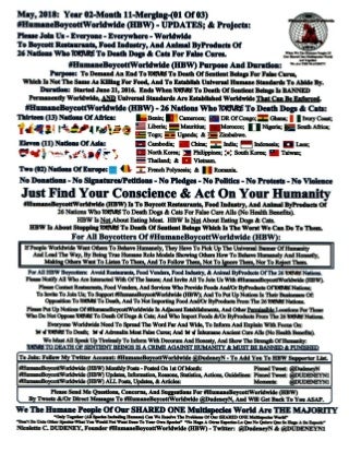 May, 2018-Year 02-Month 11: #HumaneBoycottWorldwide (HBW) Merging The Fight For Care And Humanity Of ALL Species On Our SHARED ONE Multispecies World