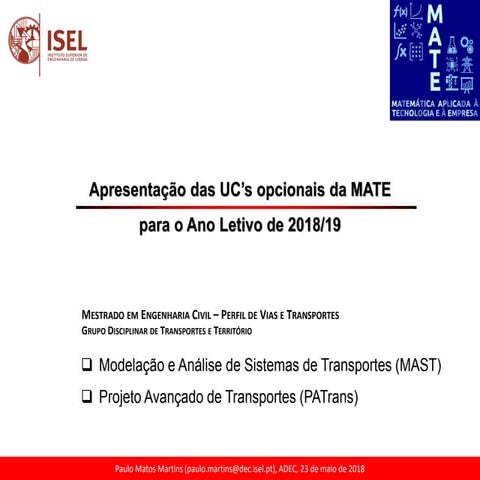 Apresenta o De UCs De Transportes Na Licenciatura MATE Do ISEL PPT