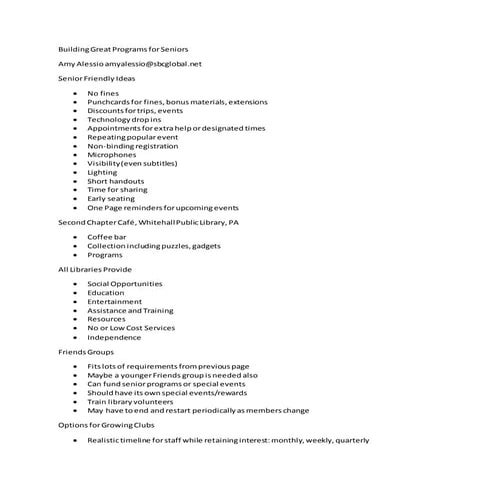 Building Great Programs for Seniors: Outline (October 2018)