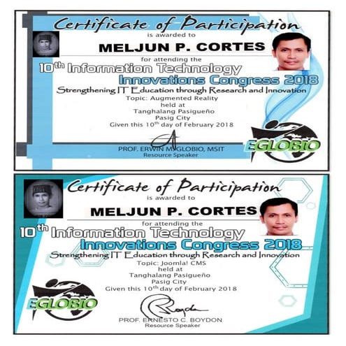 2018 EGLOBIO Innovation Congress Augmented Joomla Certificate