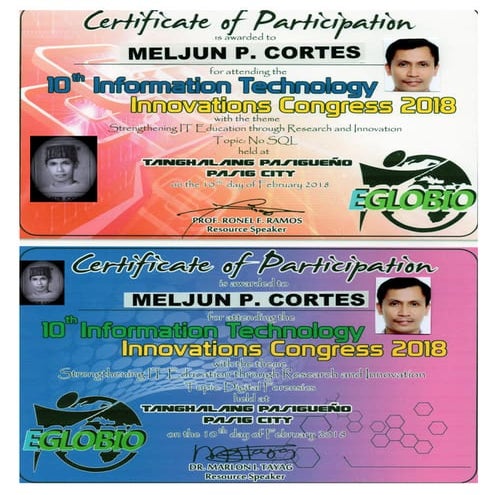 2018  EGLOBIO  Innovation  Congress  NO  SQL Digital Forensics  Certificate
