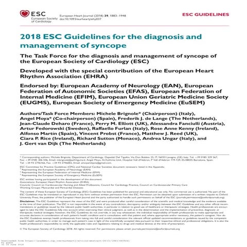 2018 esc guidelines for the diagnosis and management of syncope