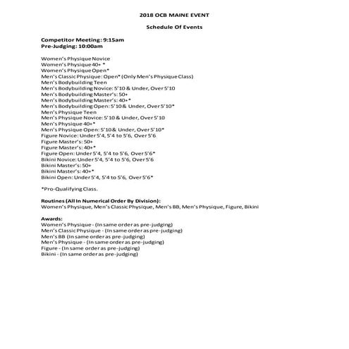 2018 OCB Maine Event ~ Divisions & Awards Schedule