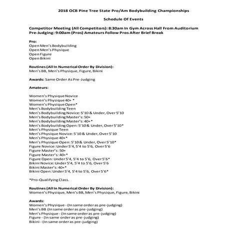 2018 OCB Pine Tree State ~ Divisions & Awards Schedule