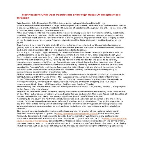 2018 ohio deer populations show high rates of toxoplasmosis infection