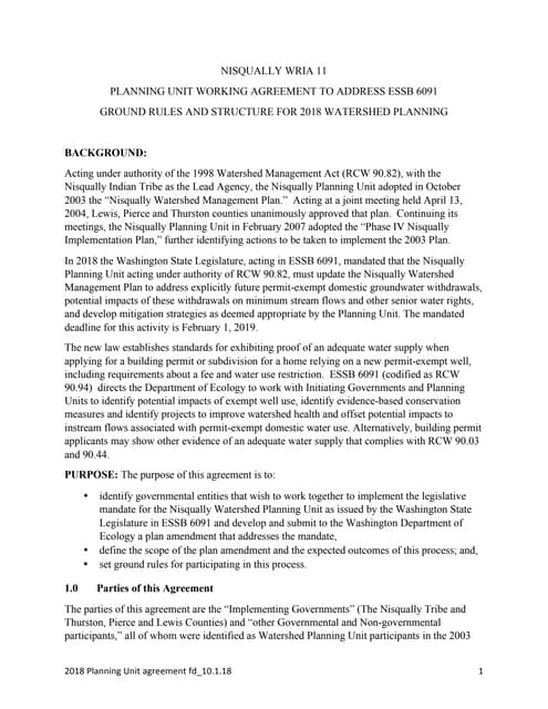 2018 Nisqually Water Planning Unit Working Agreement