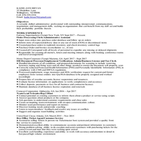 2018 resume administrative clerical