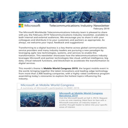 Telecommunications Industry Newsletter | February 2019