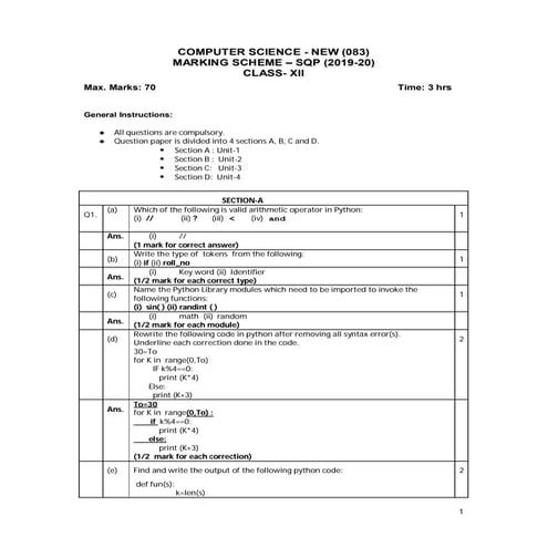 Comprehensive Class XII Computer Science Marking Scheme and Python ...