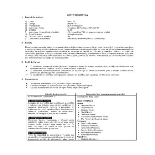 Carta descriptiva Inglés UNA Puno 2019