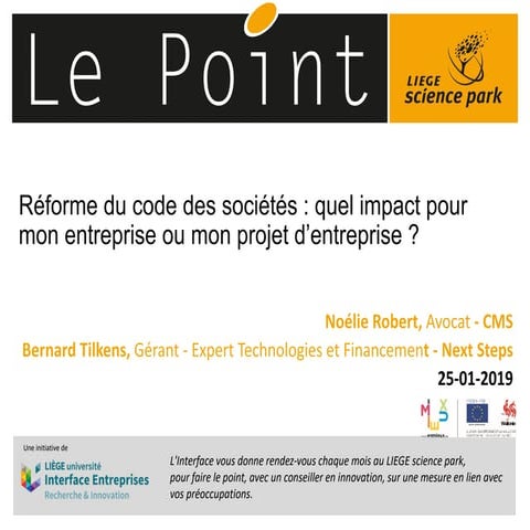 Réforme code des sociétés - Le Point du LIEGE science park - 25 janvier 2019