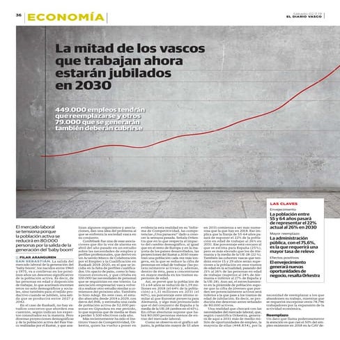 La mitad de los vascos que trabajan ahora estarán jubilados en 2030