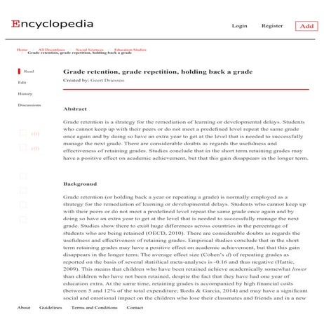 Geert Driessen (2019 Encyclopedia Grade retention, grade repetition, holding ...