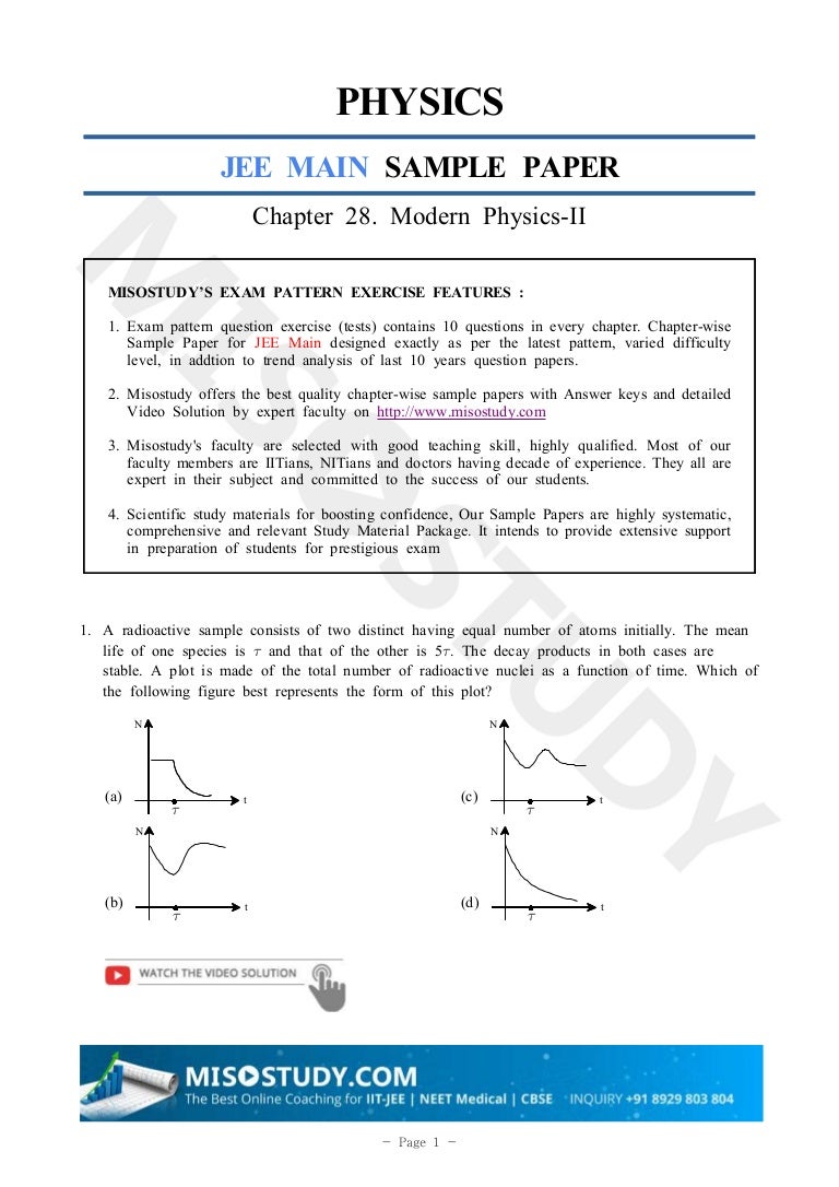 Modern Physics Sample Paper for JEE Main 2019