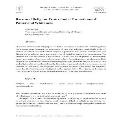 Malory Nye Race and Religion: Postcolonial Formations of Power and Whiteness ...