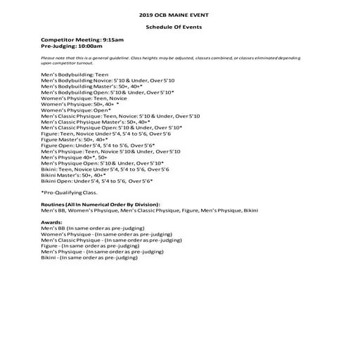 2019 OCB Maine Event ~ Divisions & Awards Schedule