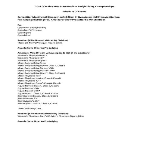 2019 OCB Pine Tree state   Divisions & Awards Schedule