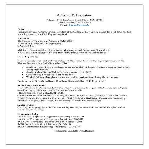 Anthony R. Ferrentino Resume Civil Engineering | DOCX