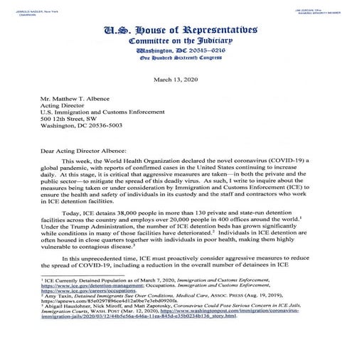 Letter from Jerald Nadler to ICE re coronavirus | PDF | Healthcare ...