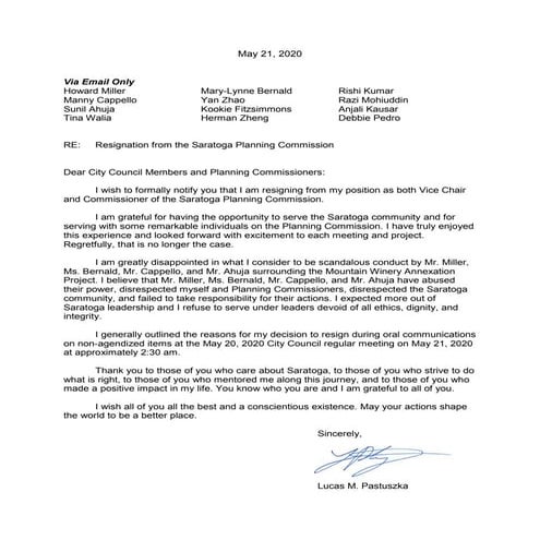 2020 05-20. resignation letter Lucas M. Pastuszka .saratoga planning commissi...
