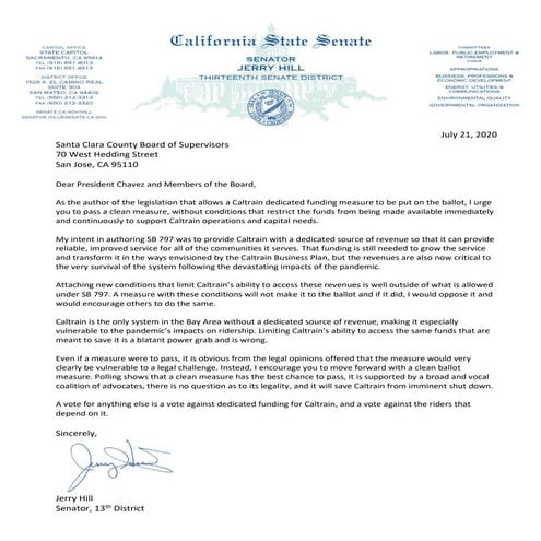 Senator Hill letter SB797 Caltrain