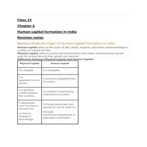 Human capital formation in India project for class 12 | PDF