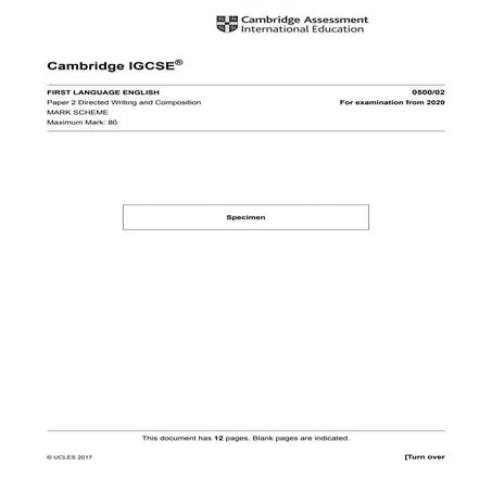 Cambridge IGCSE First Language English Paper 2 Mark Scheme and ...