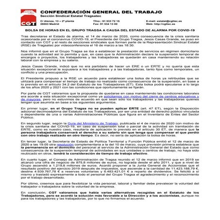 Bolsa de horas en el Grupo Tragsa a causa del estado de alarma por COVID-19