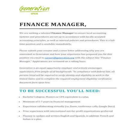 Generation Spain busca su próximo Finance Manager 