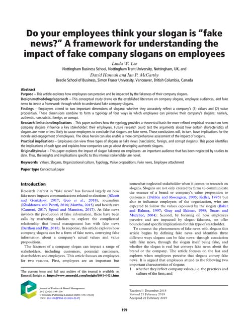 Do your employees think your slogan is “fake news?” A framework for understanding the impact of fake company slogans on employees