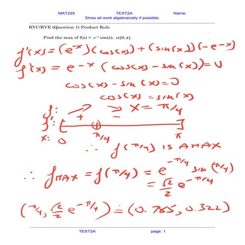 preTEST2A Solution MAT225 Multivariable Calculus