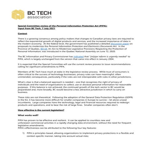 Special Committee review of the Personal Information Protection Act (PIPA):  ...