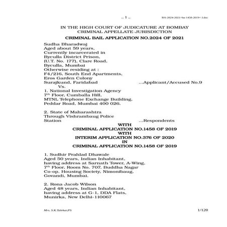 20211201 bombay hc bail to sudha bharadwaj