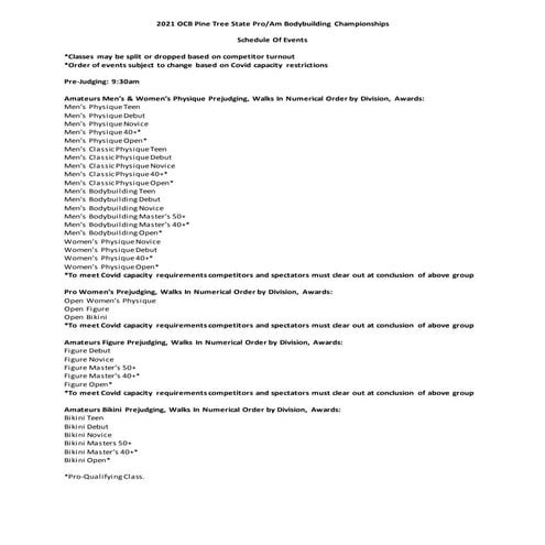 2021 OCB Pine Tree State  ~ Divisions & Awards Schedule