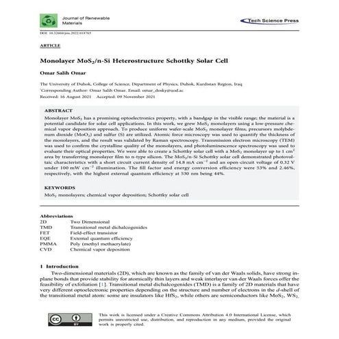 Monolayer MoS2/n-Si Heterostructure Schottky Solar Cell