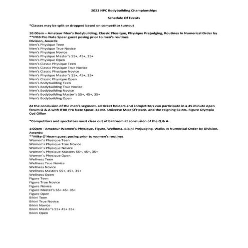 2023 NPC Maine Bodybuilding Championships - Order of Events