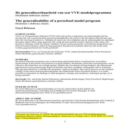 Geert Driessen (2024) OOP De generaliseerbaarheid van een VVE-modelprogramma. Heckmans dubieuze claims