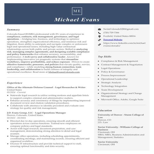 2025-1015 CV Michael Evans, JD, MBA | Colorado-based Professional (visual)
