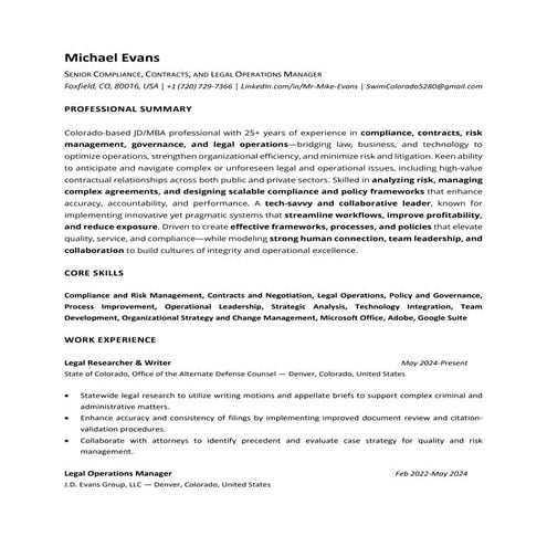 2025-1014 CV of Michael Evans, JD, MBA | Colorado-based Professional (ATS)
