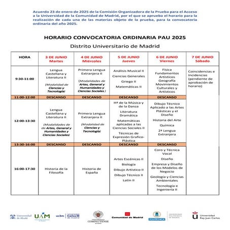 Horarios PAU Madrid 2025 Selectividad Universidad