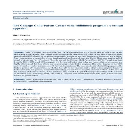 Geert Driessen (2025) RPPE The Chicago Child-Parent Center early-childhood program: A critical appraisal