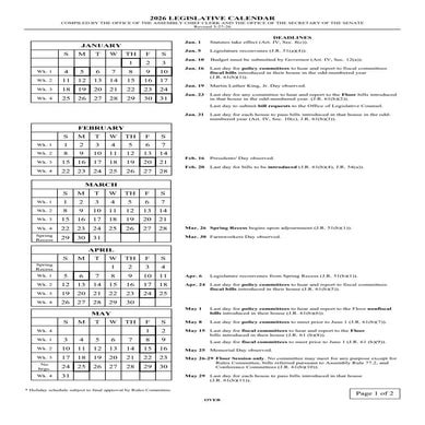 Comprehensive 2026 Legislative Calendar with Key Deadlines and Sessions ...