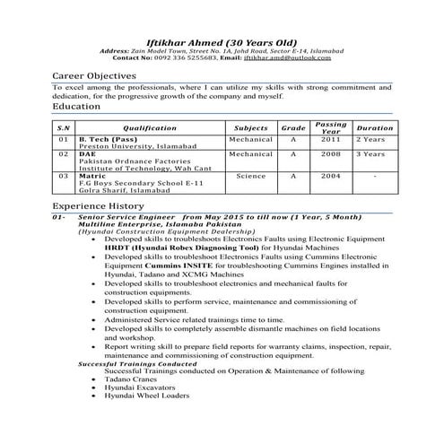 Iftikhar Ahmed - Senior Service Engineer | PDF