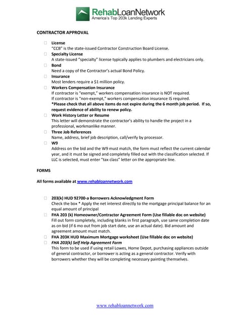fha 203k bid checklist rehab loan network