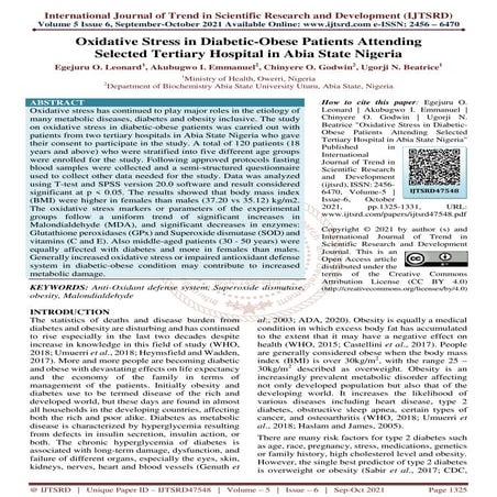 Oxidative Stress in Diabetic Obese Patients Attending Selected Tertiary ...